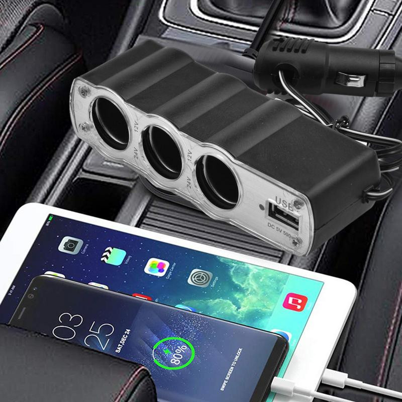 3 în 1 3 prize Splitter brichetă 12 V adaptor de alimentare pentru mașină cu porturi de încărcare USB pentru bordul mașinii încălzitor auto pernă încălzită