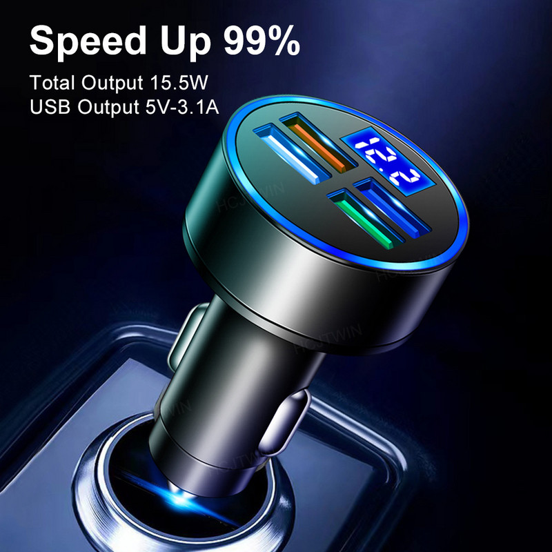USB punjač za automobil s 4 priključka, digitalni zaslon, brzo punjenje, PD tip C, USB adapter za telefon u automobilu za Huawei Xiaomi, adapter za iPhone, punjač