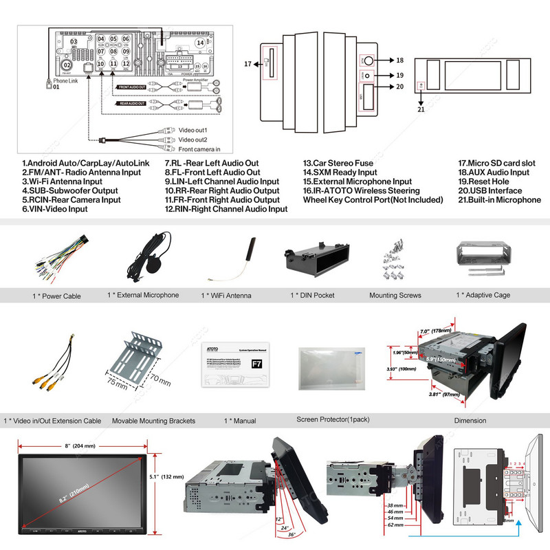 ATOTO Auto Radio 2DIN 8 inch FM Bluetooth Single din Receptor Stereo Suport HD LRV Încărcare rapidă a telefonului Player multimedia Vedio
