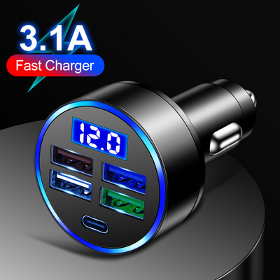 3.1A 4 USB зарядно за кола Адаптер за запалка PD Type C USB зарядно за кола с LED бързо зареждане за смартфон Мобилен телефон