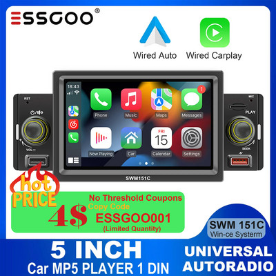 ESSGOO 5" univerzális autórádió 1 dinos központi multimédiás MP5 lejátszó Carplay Android Auto autós sztereó MirrorLink 2 USB autós Autoaudio