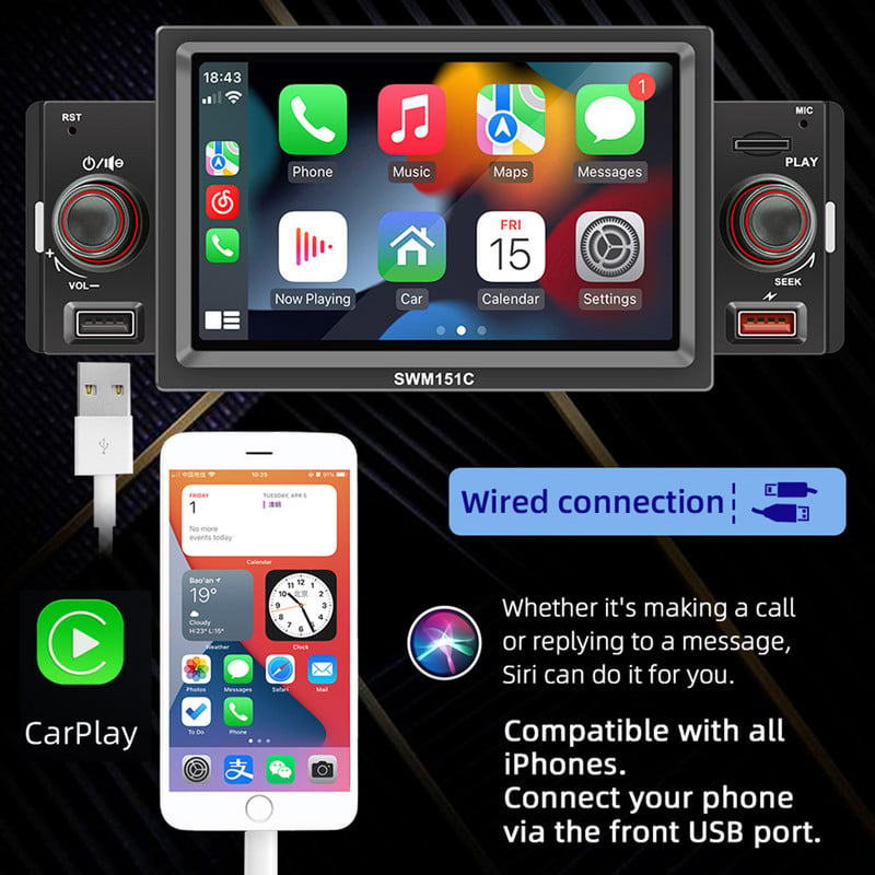 ESSGOO 5" univerzális autórádió 1 dinos központi multimédiás MP5 lejátszó Carplay Android Auto autós sztereó MirrorLink 2 USB autós Autoaudio