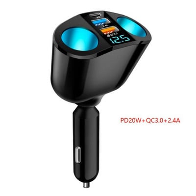 Splitter priză brichetă auto Lumină atmosferică albastră PD QC3.0 2 încărcător USB 5 porturi pentru încărcare DVR telefon mobil