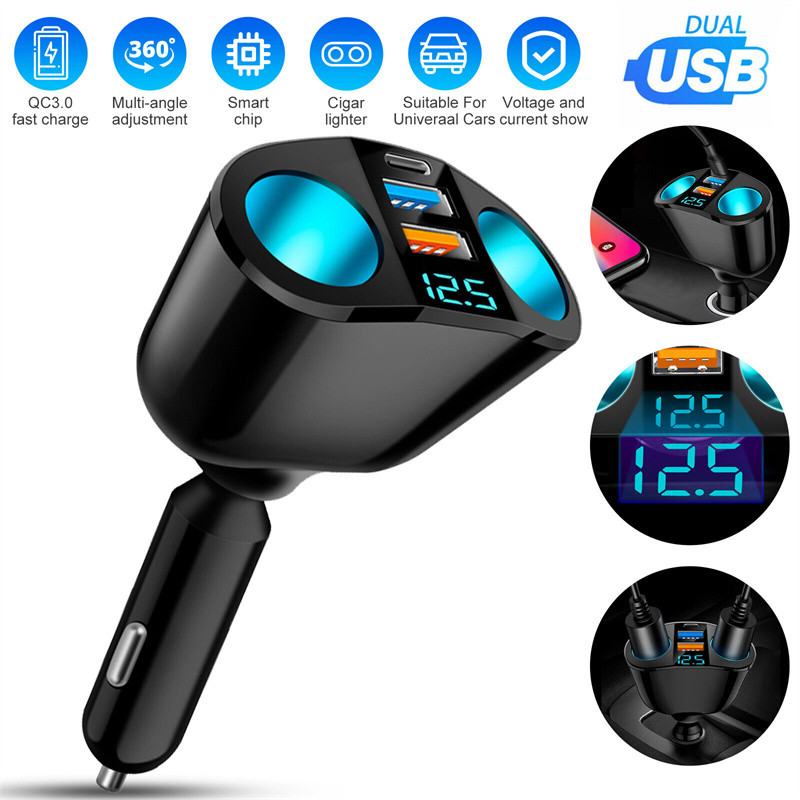 Splitter priză brichetă auto Lumină atmosferică albastră PD QC3.0 2 încărcător USB 5 porturi pentru încărcare DVR telefon mobil