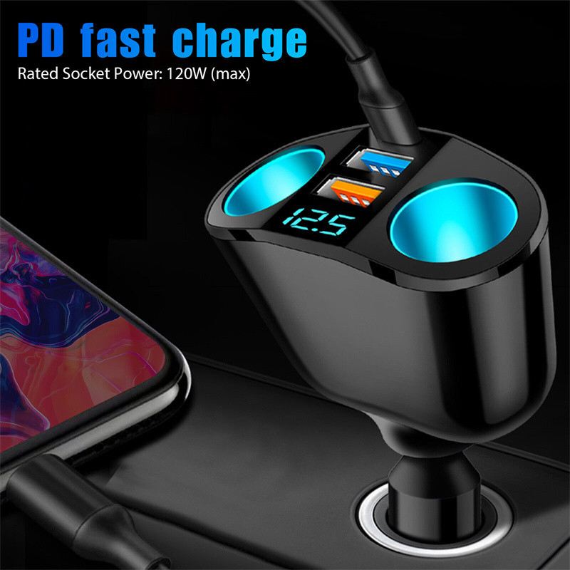 Splitter priză brichetă auto Lumină atmosferică albastră PD QC3.0 2 încărcător USB 5 porturi pentru încărcare DVR telefon mobil