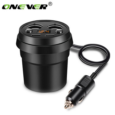 AOZBZ 3.1A dvigubas USB automobilinio įkroviklio adapteris su 2 cigarečių degiklio lizdu tūrio matuokliu, automobilio puodelio laikiklio tipo palaikymas DC 12-24V