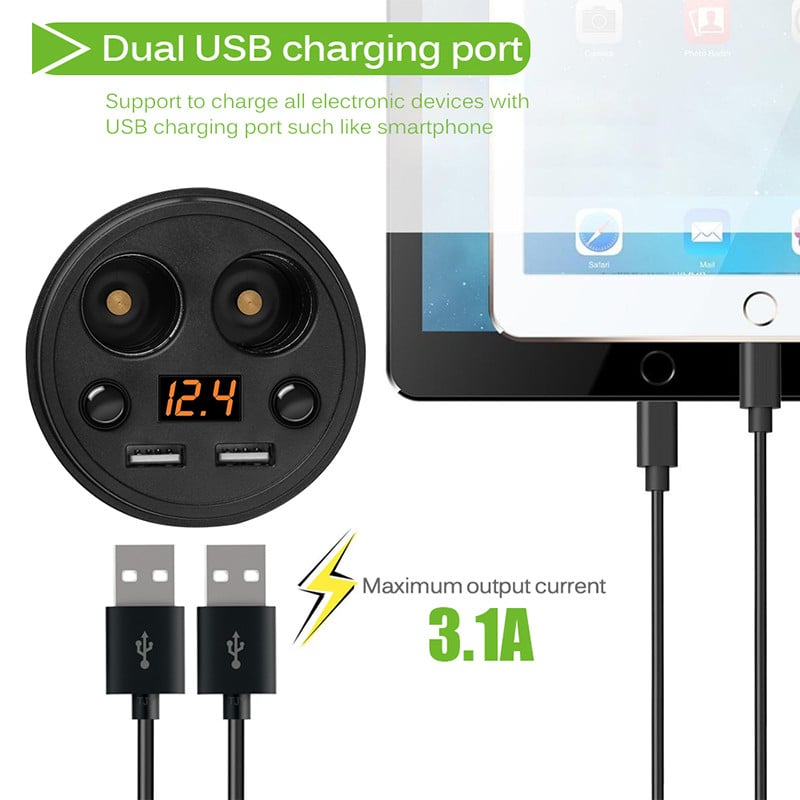 AOZBZ 3.1A dupla USB autós töltőadapter 2 szivargyújtó aljzattal Volméter kijelző autós pohártartó típus támogatás DC 12-24V