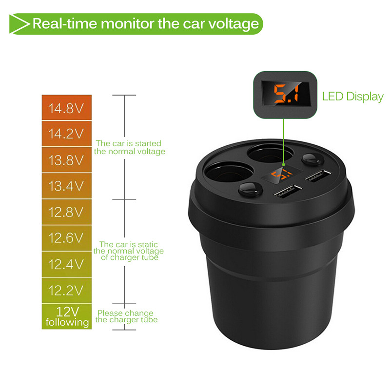 AOZBZ 3.1A dupla USB autós töltőadapter 2 szivargyújtó aljzattal Volméter kijelző autós pohártartó típus támogatás DC 12-24V