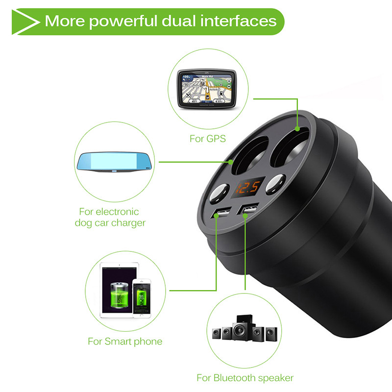 AOZBZ 3.1A dupla USB autós töltőadapter 2 szivargyújtó aljzattal Volméter kijelző autós pohártartó típus támogatás DC 12-24V