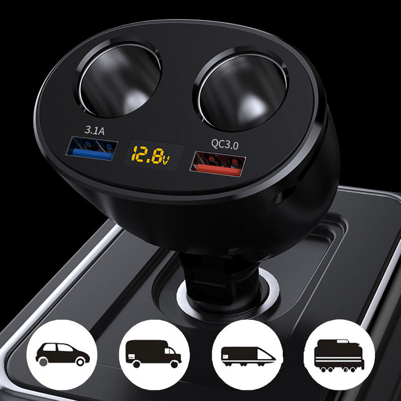 Încărcător de mașină dublu USB DC 12-24V QC3.0, încărcare rapidă, Splitter, Adaptor de afișare de tensiune pentru iPhone XR XS 11 Pro Samsung S10 S9
