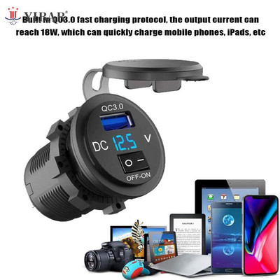 Automašīnas lādētājs Ātrā uzlāde ar ūdensnecaurlaidīgu vāku QC3.0 dubultā USB ligzda ar laivas tipa slēdzi 12V/24V ar digitālo displeja mērītāju
