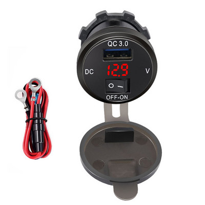 Automobilinis įkroviklis Greitas įkrovimas su vandeniui atspariu dangteliu QC3.0 dvigubas USB lizdas su laivo tipo jungikliu 12V/24V su skaitmeniniu ekrano matuokliu