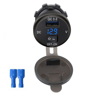 Automobilinis įkroviklis Greitas įkrovimas su vandeniui atspariu dangteliu QC3.0 dvigubas USB lizdas su laivo tipo jungikliu 12V/24V su skaitmeniniu ekrano matuokliu