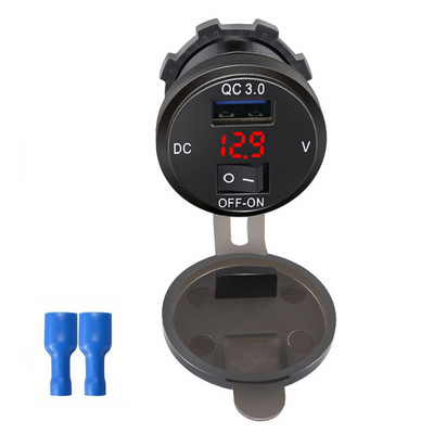 Automobilinis įkroviklis Greitas įkrovimas su vandeniui atspariu dangteliu QC3.0 dvigubas USB lizdas su laivo tipo jungikliu 12V/24V su skaitmeniniu ekrano matuokliu