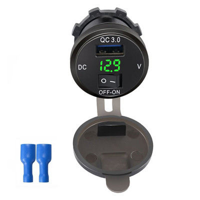 Automobilinis įkroviklis Greitas įkrovimas su vandeniui atspariu dangteliu QC3.0 dvigubas USB lizdas su laivo tipo jungikliu 12V/24V su skaitmeniniu ekrano matuokliu