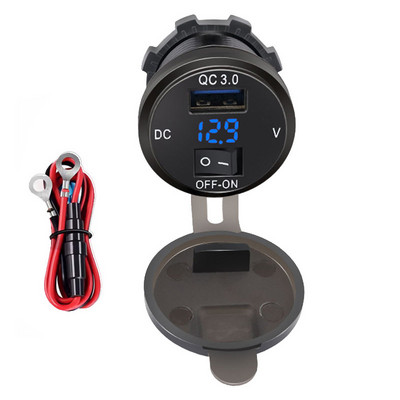 Automobilinis įkroviklis Greitas įkrovimas su vandeniui atspariu dangteliu QC3.0 dvigubas USB lizdas su laivo tipo jungikliu 12V/24V su skaitmeniniu ekrano matuokliu