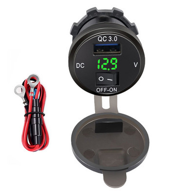 Automobilinis įkroviklis Greitas įkrovimas su vandeniui atspariu dangteliu QC3.0 dvigubas USB lizdas su laivo tipo jungikliu 12V/24V su skaitmeniniu ekrano matuokliu
