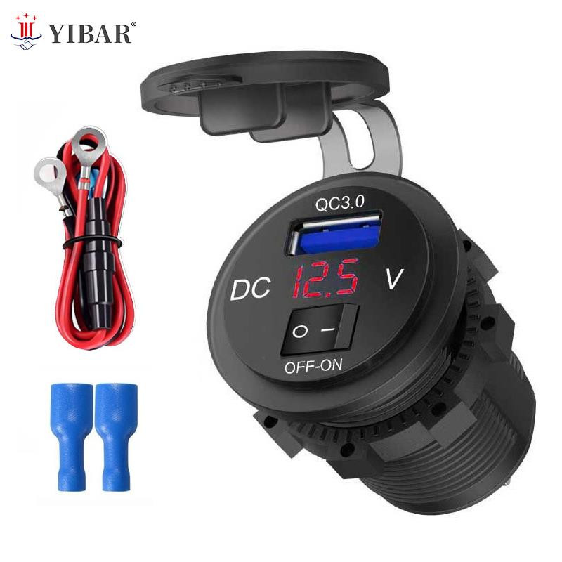 Automobilinis įkroviklis Greitas įkrovimas su vandeniui atspariu dangteliu QC3.0 dvigubas USB lizdas su laivo tipo jungikliu 12V/24V su skaitmeniniu ekrano matuokliu