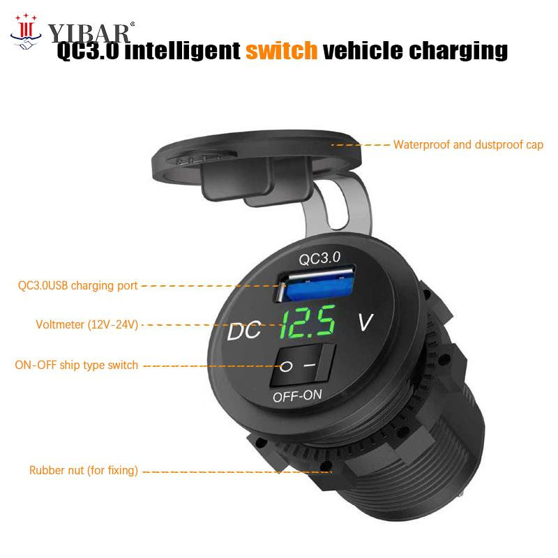 Automobilinis įkroviklis Greitas įkrovimas su vandeniui atspariu dangteliu QC3.0 dvigubas USB lizdas su laivo tipo jungikliu 12V/24V su skaitmeniniu ekrano matuokliu