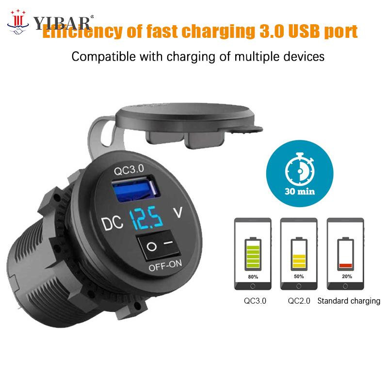 Automobilinis įkroviklis Greitas įkrovimas su vandeniui atspariu dangteliu QC3.0 dvigubas USB lizdas su laivo tipo jungikliu 12V/24V su skaitmeniniu ekrano matuokliu