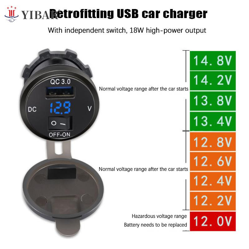 Automobilinis įkroviklis Greitas įkrovimas su vandeniui atspariu dangteliu QC3.0 dvigubas USB lizdas su laivo tipo jungikliu 12V/24V su skaitmeniniu ekrano matuokliu