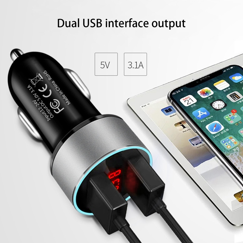Încărcător de mașină 3.1A Încărcare rapidă Dual Port USB Display LED Brichetă Adaptor pentru telefon pentru iPhone 12 11 8 Xiaomi Redmi Sansung