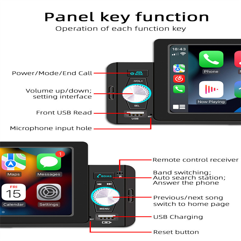 5 colių automobilio radijas 1 Din CarPlay Android Auto Multimedijos grotuvas Bluetooth MirrorLink FM imtuvas, skirtas Volkswagen Nissan Toyo