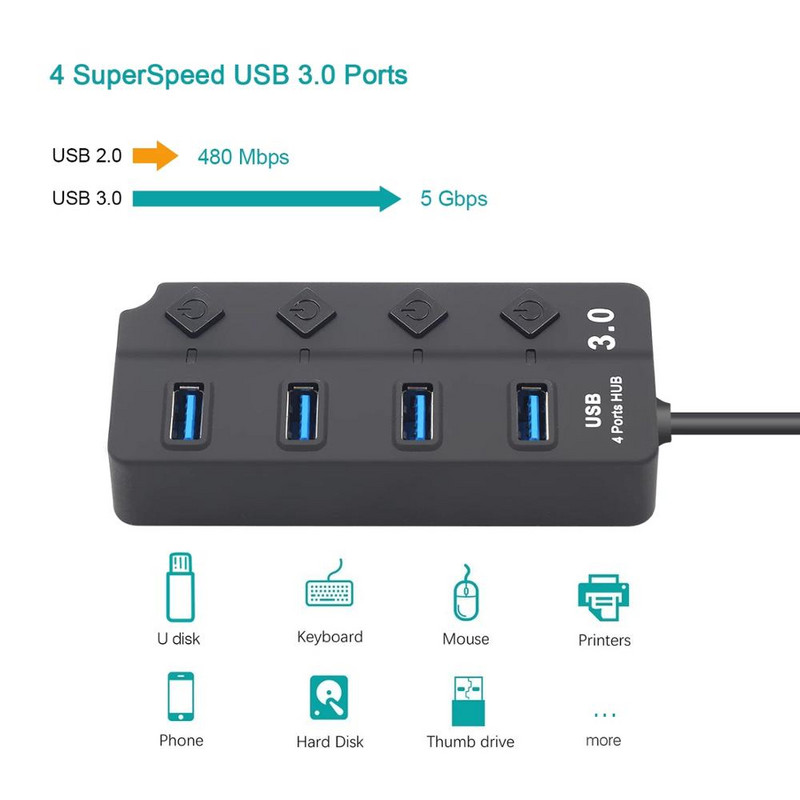 USB 3.0 elosztó 5 Gbps nagy sebességű több USB elosztó 3 Hab tápadapter 4/7 portos több bővítő hub kapcsolóval PC laptophoz