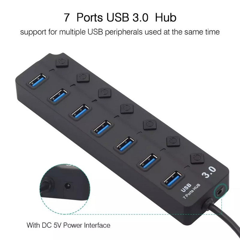 USB 3.0 elosztó 5 Gbps nagy sebességű több USB elosztó 3 Hab tápadapter 4/7 portos több bővítő hub kapcsolóval PC laptophoz