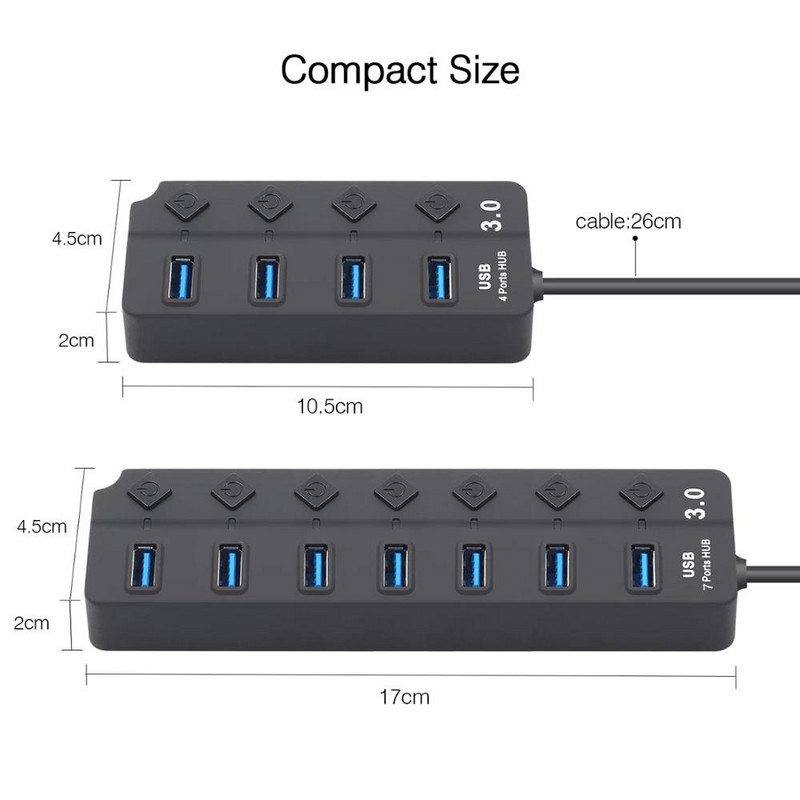 USB 3.0 elosztó 5 Gbps nagy sebességű több USB elosztó 3 Hab tápadapter 4/7 portos több bővítő hub kapcsolóval PC laptophoz