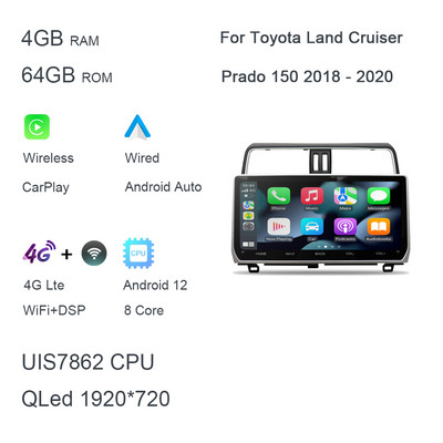 QLED 1920*720 Carplay 12.3" Android 12.0 8GB+128GB Auto DVD Player GPS WIFI Radio pentru Toyota Land Cruiser Prado 150 2018 - 2022