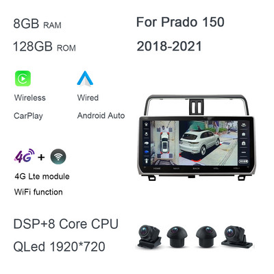 QLED 1920*720 Carplay 12.3" Android 12.0 8GB+128GB Auto DVD Player GPS WIFI Radio pentru Toyota Land Cruiser Prado 150 2018 - 2022