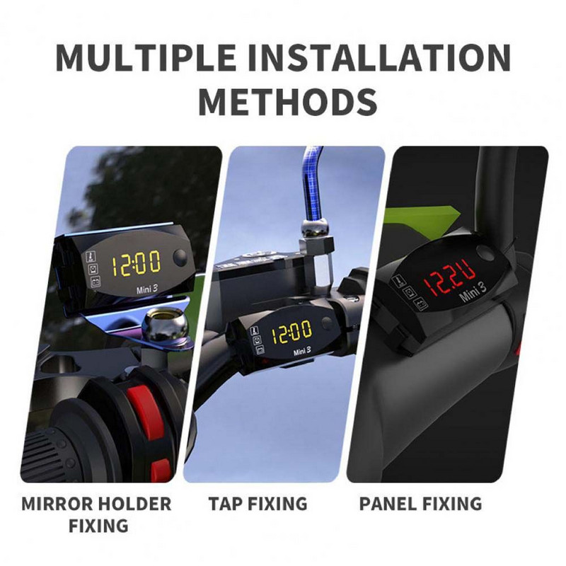 Ceas electronic universal pentru motociclete, termometru, voltmetru, trei în unu, IP67, impermeabil, rezistent la praf, cu LED, afișaj digital