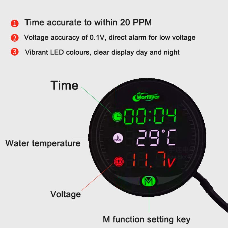 5 az 1-ben Motorkerékpár elektronikus óra Vízhőmérő Voltmérő IP67 Vízálló Porálló LED-es digitális időmérő kijelző 12V