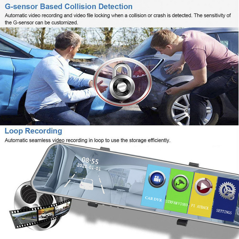 HGDO 5 colių vaizdo kameros veidrodinis įrašymo įrenginys 3 viename 1080p Avto Dvr jutiklinis ekranas galinio vaizdo kamera su parkavimo jutikliu, automobilio kameros vaizdo dėžute