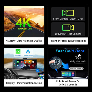 10,26-инчова 4K камера за кола Dash Cam Carplay Android Auto 2160P Огледало за обратно виждане Видео запис WIFI Loop Record Phone APP Car DVR