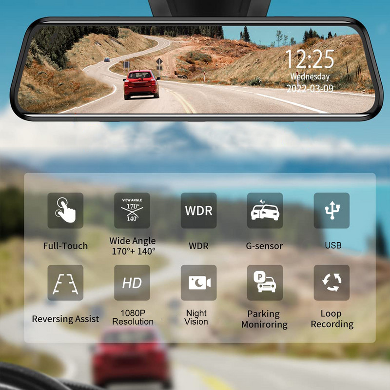 1080P двоен USB FHD 10-инчов сензорен екран, автомобилно огледало за обратно виждане за автоматично записващо устройство, автомобилен DVR Dash Cam, двоен обектив, нощно виждане