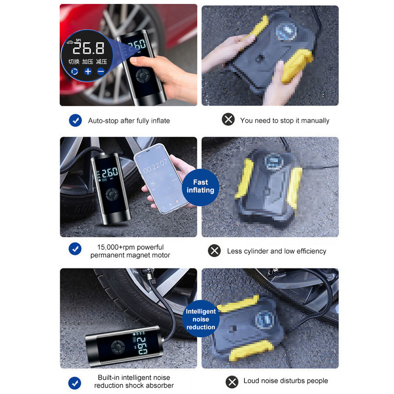 Pompă reîncărcabilă de umflare a aerului pentru anvelope de mașină 260PSI cu lampă LED pentru bile pentru anvelope pentru mașină, motocicletă, compresor de aer auto fără fir