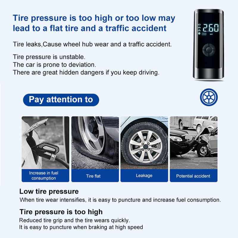 Pompă reîncărcabilă de umflare a aerului pentru anvelope de mașină 260PSI cu lampă LED pentru bile pentru anvelope pentru mașină, motocicletă, compresor de aer auto fără fir