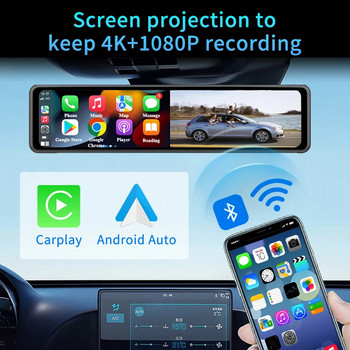 Dash Cam 4K 3840*2160P Автомобилно огледало Видеозапис Carplay & Android Auto Безжична връзка 5G WiFi GPS навигация FM AUX