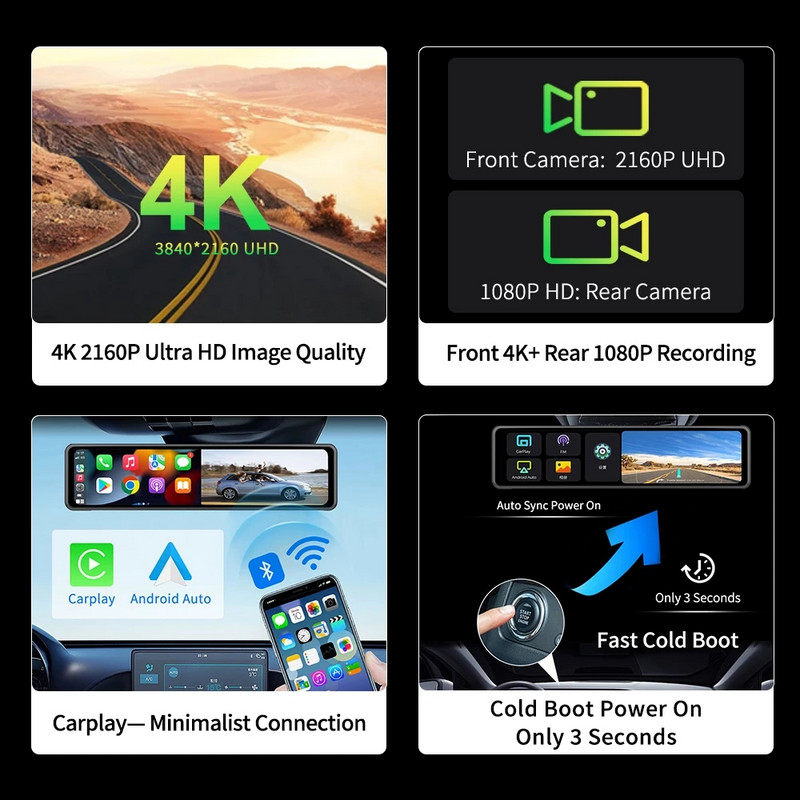 Dash Cam 4K 3840*2160P Καθρέφτης αυτοκινήτου Εγγραφή βίντεο Carplay & Android Auto Ασύρματη σύνδεση 5G WiFi Πλοήγηση GPS FM AUX
