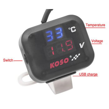 Koso μοτοσικλέτα θερμόμετρο αέρα μετρητή LED Voltmeter Voltage for Motorcycle 2 in 1 Λειτουργία Ένδειξη βολτόμετρου με USB