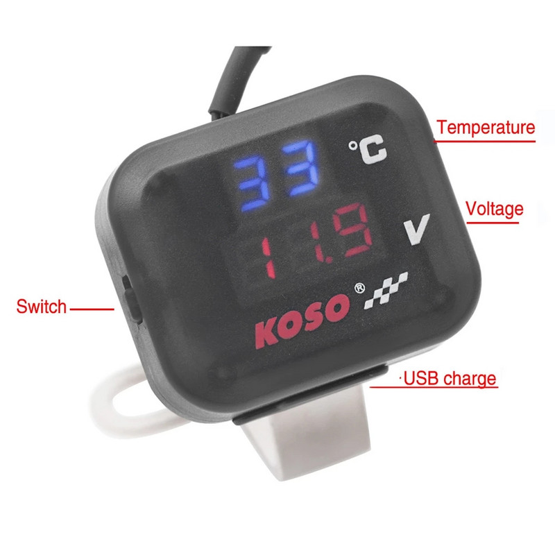 Koso, termometru de aer pentru motocicletă, indicator LED, voltmetru, tensiune pentru motocicletă, funcție 2 în 1, indicator de afișare a voltmetrului cu USB