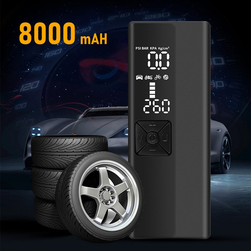 8000 mAh-s hordozható autós légkompresszor 12V 150PSI elektromos akkus gumiabroncs felfújó szivattyú motorkerékpár csónakhoz AUTO gumiabroncs golyókhoz
