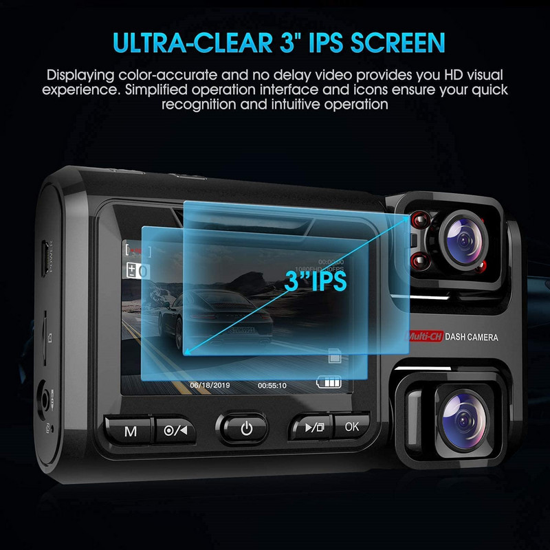 3-kanalni DVR za automobile 3 kamere 1080P kamera za automobil WiFi GPS ADAS Snimač za noćno gledanje Snimač za vožnju s dvije leće i stražnjim objektivom