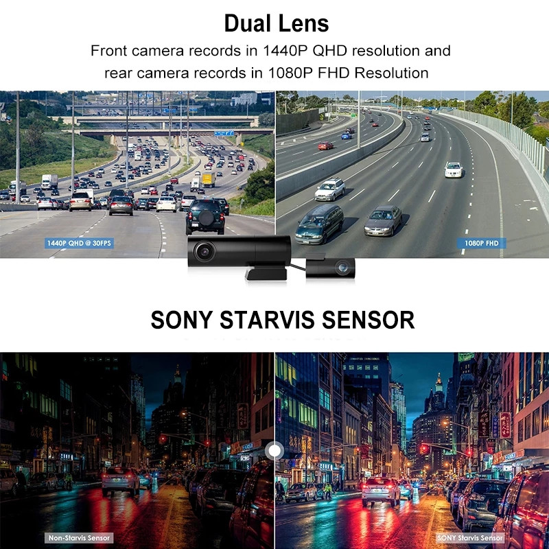 AZDOME BN03 1440P kamera za noćno gledanje u automobilu Prednja stražnja kamera DVR detektor s WiFi GPS HD video snimačem 24h parking monitor