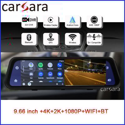 Carsara 9.6 inch CarPlay Android Auto BT Oglindă auto Înregistrator video Navigație Cameră de vedere spate AHD 1080P Cameră de bord cu două lentile DVR