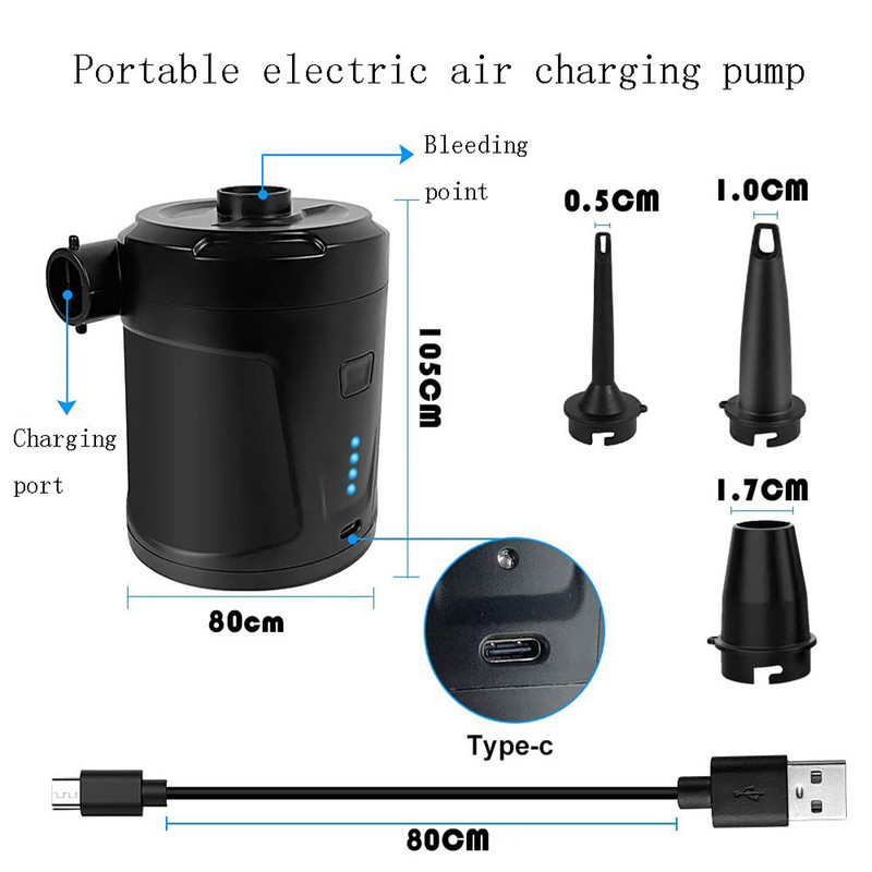 Pompă de aer electrică Pompă de aer portabilă fără fir Pompă de saltea gonflabilă Pompă de umflare pentru barca și ventilator Pompă de rezervor Pompă de vid USB tip C