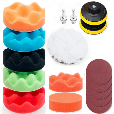 Disc de lustruit pentru mașină de 3 inch, 15 buc./set, șmirghel pentru lustruire cu ceară, burete de lână, tampon de lustruit pentru lustruit auto, adaptor de foraj, kit de lustruit