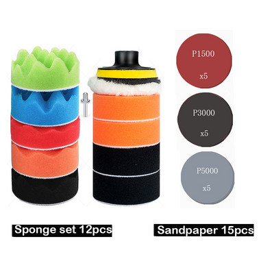 Disc de lustruit pentru mașină de 3 inch, 15 buc./set, șmirghel pentru lustruire cu ceară, burete de lână, tampon de lustruit pentru lustruit auto, adaptor de foraj, kit de lustruit